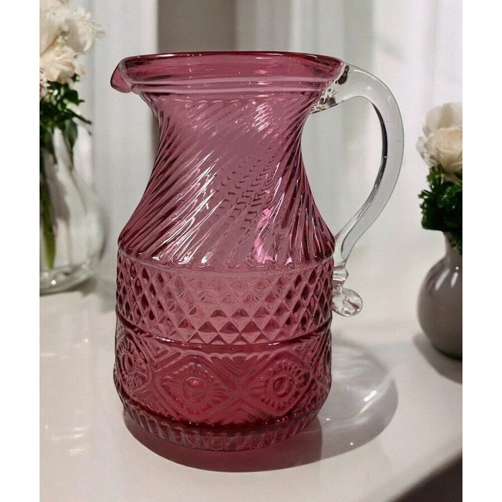 VTG Cranberry Pressed Glass Creamer Pitcher Applied Clear Handle Art Glass
